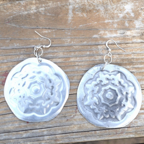 Big Silver Embossed Silver Boho Earrings Hippie Lightweight Aluminum Handmade - Picture 5 of 5